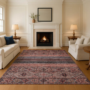 HomeRoots 9' X 12' Stylish Rust Gray & Salmon Striped Washable Rug with UV Protection for High-Traffic Areas 695749