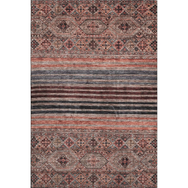 HomeRoots 9' X 12' Stylish Rust Gray & Salmon Striped Washable Rug with UV Protection for High-Traffic Areas 695749