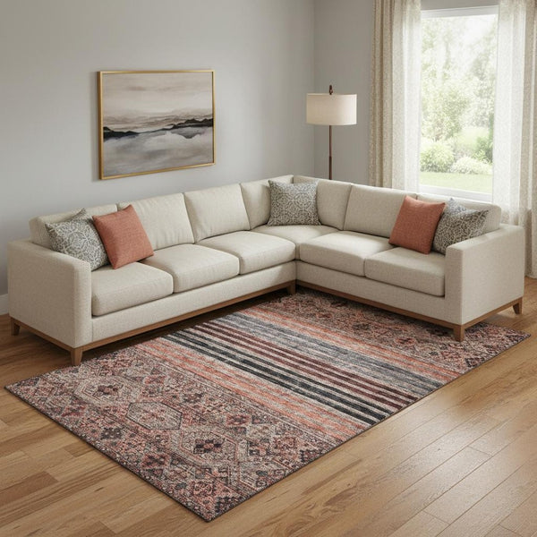 HomeRoots 10' X 14' Rust Gray & Salmon Striped Washable Area Rug with UV Protection for Busy Homes & Style 695750