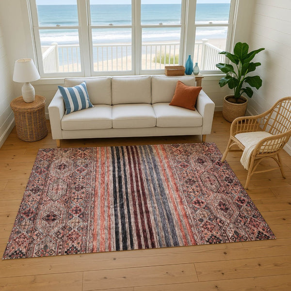 HomeRoots 10' X 14' Rust Gray & Salmon Striped Washable Area Rug with UV Protection for Busy Homes & Style 695750
