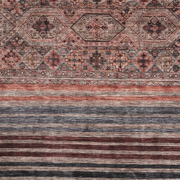 HomeRoots 10' X 14' Rust Gray & Salmon Striped Washable Area Rug with UV Protection for Busy Homes & Style 695750