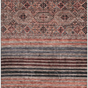 HomeRoots 10' X 14' Rust Gray & Salmon Striped Washable Area Rug with UV Protection for Busy Homes & Style 695750