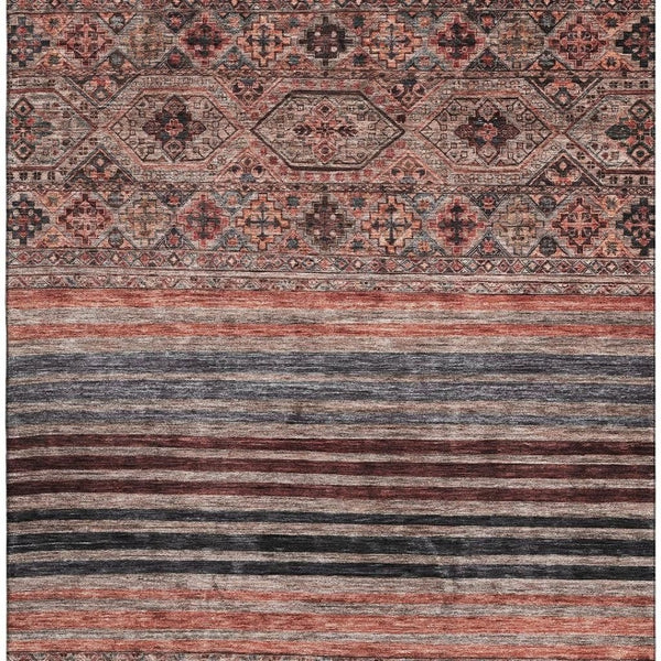 HomeRoots 10' X 14' Rust Gray & Salmon Striped Washable Area Rug with UV Protection for Busy Homes & Style 695750
