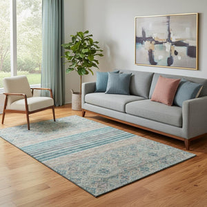 HomeRoots 5' X 8' Teal Peach & Gray Striped Area Rug - Washable, UV-Protected, Durable, Ideal for High-Traffic Areas 695752