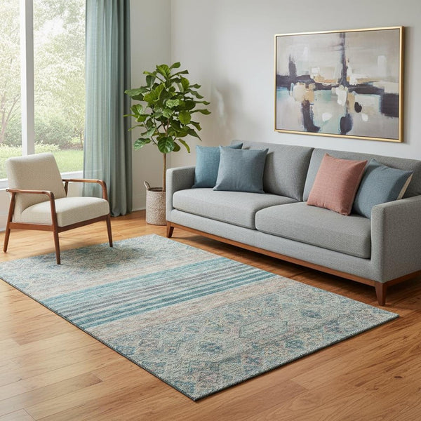 HomeRoots 5' X 8' Teal Peach & Gray Striped Area Rug - Washable, UV-Protected, Durable, Ideal for High-Traffic Areas 695752