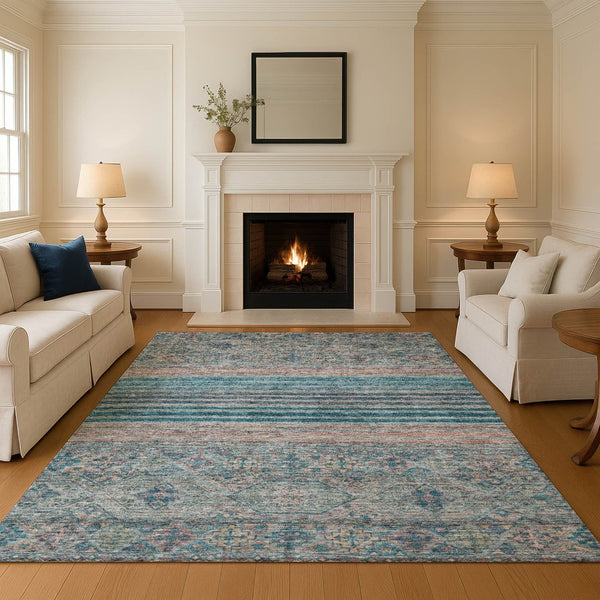HomeRoots 5' X 8' Teal Peach & Gray Striped Area Rug - Washable, UV-Protected, Durable, Ideal for High-Traffic Areas 695752