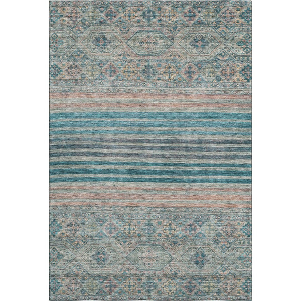 HomeRoots 5' X 8' Teal Peach & Gray Striped Area Rug - Washable, UV-Protected, Durable, Ideal for High-Traffic Areas 695752