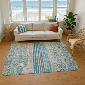 HomeRoots 5' X 8' Teal Peach & Gray Striped Area Rug - Washable, UV-Protected, Durable, Ideal for High-Traffic Areas 695752