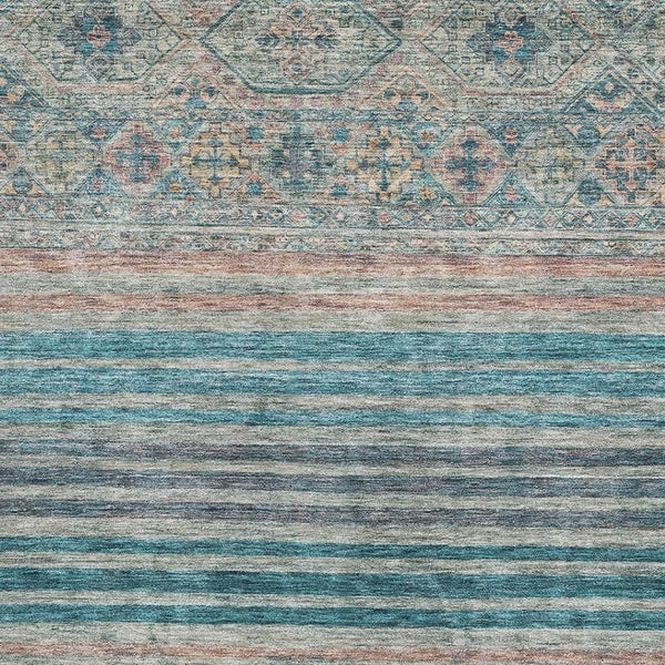 HomeRoots 5' X 8' Teal Peach & Gray Striped Area Rug - Washable, UV-Protected, Durable, Ideal for High-Traffic Areas 695752