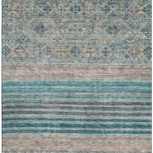 HomeRoots 5' X 8' Teal Peach & Gray Striped Area Rug - Washable, UV-Protected, Durable, Ideal for High-Traffic Areas 695752