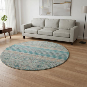 HomeRoots 8' Stylish Teal, Peach & Gray Striped Washable Round Rug with UV Protection for High-Traffic Areas 695753