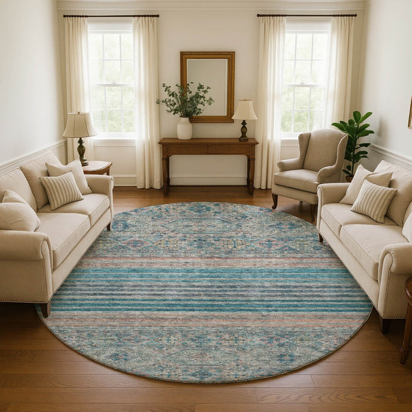 HomeRoots 8' Stylish Teal, Peach & Gray Striped Washable Round Rug with UV Protection for High-Traffic Areas 695753