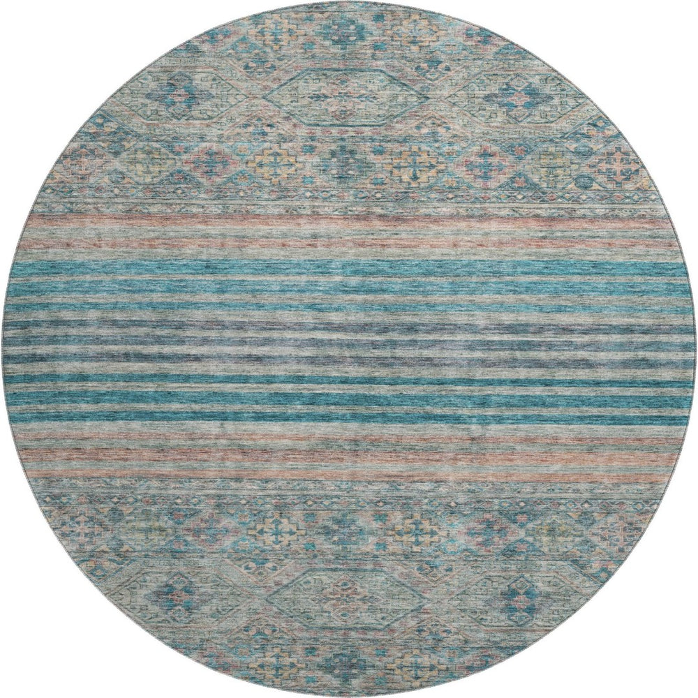 HomeRoots 8' Stylish Teal, Peach & Gray Striped Washable Round Rug with UV Protection for High-Traffic Areas 695753