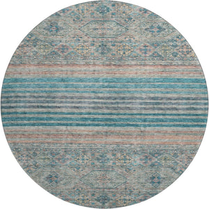 HomeRoots 8' Stylish Teal, Peach & Gray Striped Washable Round Rug with UV Protection for High-Traffic Areas 695753