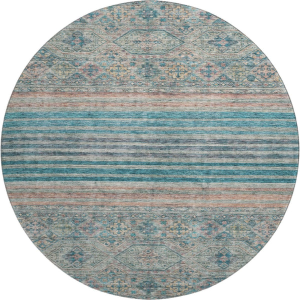 HomeRoots 8' Stylish Teal, Peach & Gray Striped Washable Round Rug with UV Protection for High-Traffic Areas 695753