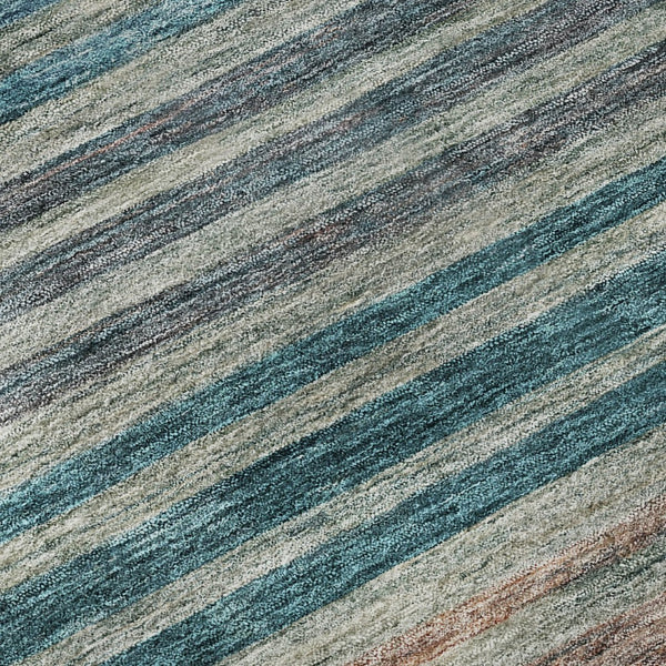 HomeRoots 8' Stylish Teal, Peach & Gray Striped Washable Round Rug with UV Protection for High-Traffic Areas 695753