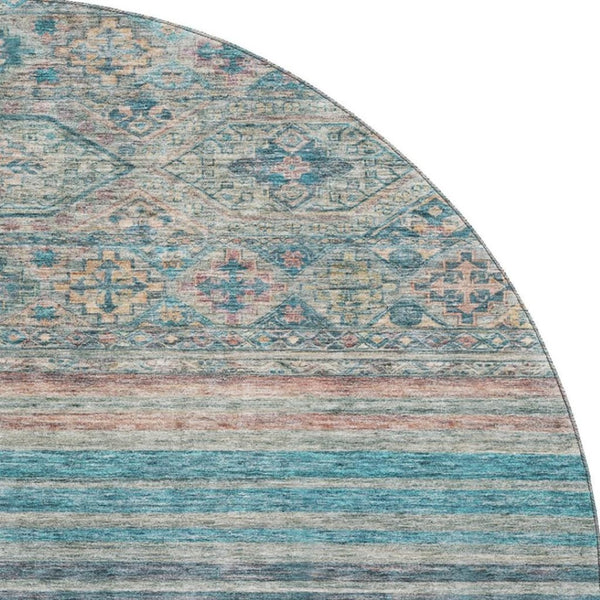 HomeRoots 8' Stylish Teal, Peach & Gray Striped Washable Round Rug with UV Protection for High-Traffic Areas 695753
