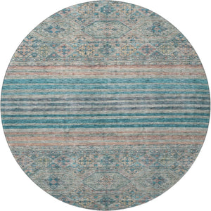 HomeRoots 8' Stylish Teal, Peach & Gray Striped Washable Round Rug with UV Protection for High-Traffic Areas 695753