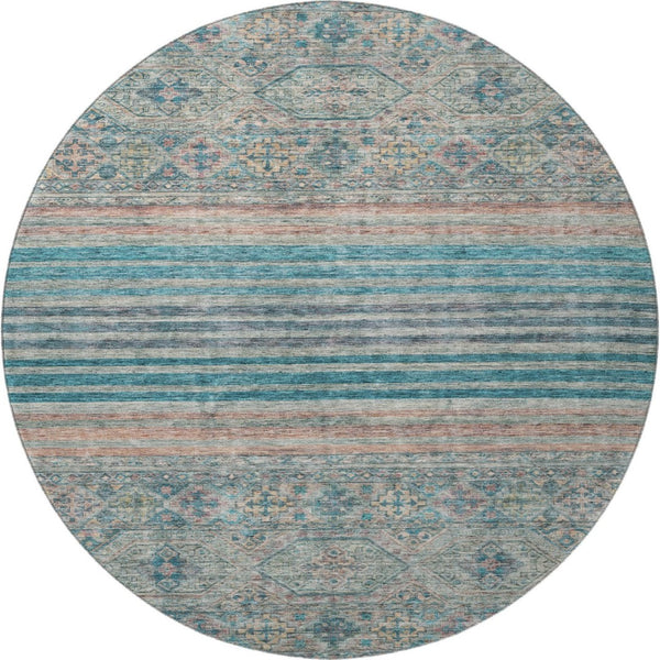 HomeRoots 8' Stylish Teal, Peach & Gray Striped Washable Round Rug with UV Protection for High-Traffic Areas 695753