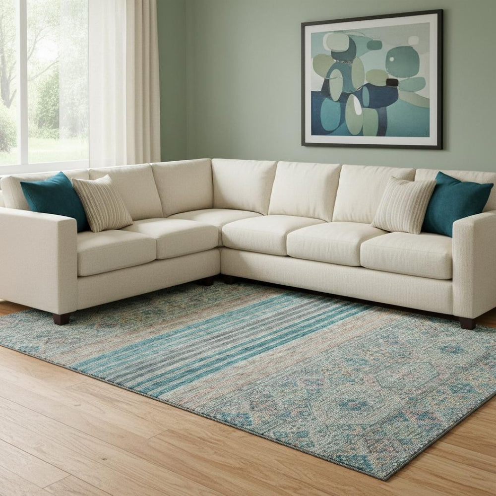 HomeRoots 8' X 10' Stylish Teal Peach Gray Striped Washable Area Rug with UV Protection for Any Room Decor 695754