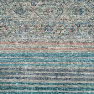 HomeRoots 8' X 10' Stylish Teal Peach Gray Striped Washable Area Rug with UV Protection for Any Room Decor 695754