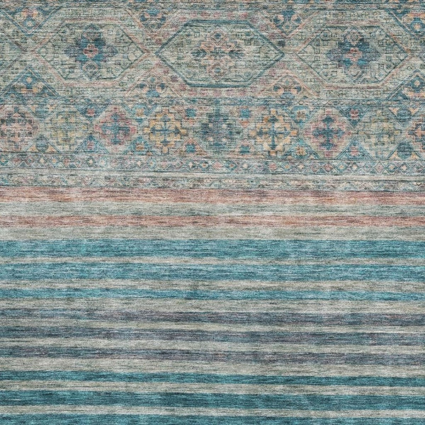 HomeRoots 8' X 10' Stylish Teal Peach Gray Striped Washable Area Rug with UV Protection for Any Room Decor 695754