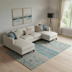HomeRoots 9' X 12' Stylish Teal, Peach & Gray Striped Area Rug - Durable, UV-Protected & Easy-Care Design 695755