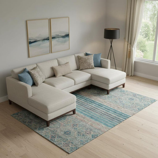 HomeRoots 9' X 12' Stylish Teal, Peach & Gray Striped Area Rug - Durable, UV-Protected & Easy-Care Design 695755
