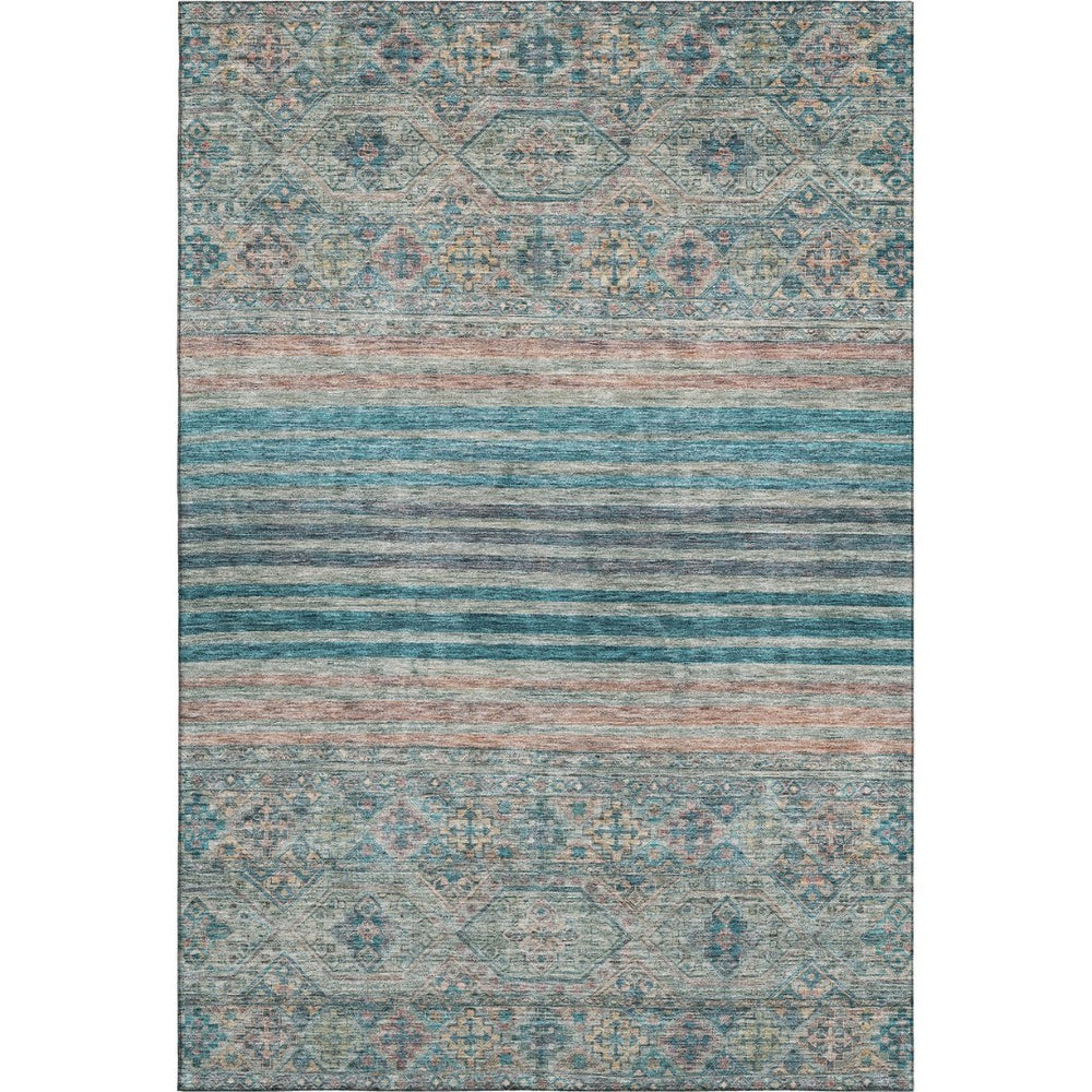 HomeRoots 9' X 12' Stylish Teal, Peach & Gray Striped Area Rug - Durable, UV-Protected & Easy-Care Design 695755