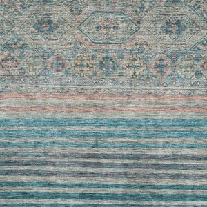 HomeRoots 9' X 12' Stylish Teal, Peach & Gray Striped Area Rug - Durable, UV-Protected & Easy-Care Design 695755