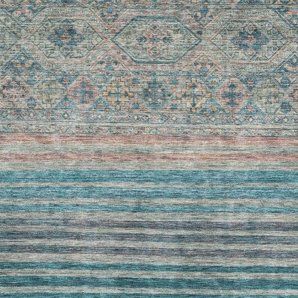 HomeRoots 9' X 12' Stylish Teal, Peach & Gray Striped Area Rug - Durable, UV-Protected & Easy-Care Design 695755
