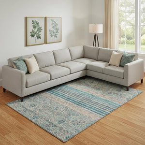 HomeRoots 10' X 14' Vibrant Teal Peach Gray Striped Washable Area Rug - UV Protected for Kids & Pets! 695756