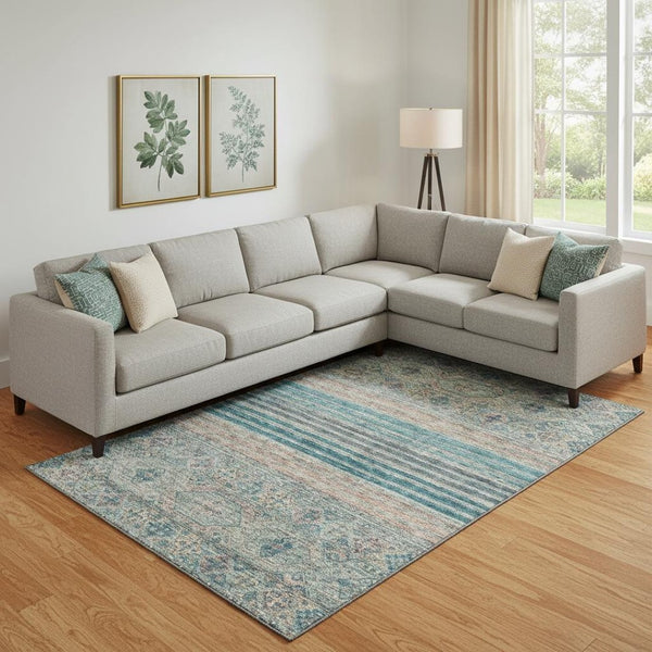 HomeRoots 10' X 14' Vibrant Teal Peach Gray Striped Washable Area Rug - UV Protected for Kids & Pets! 695756