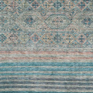 HomeRoots 10' X 14' Vibrant Teal Peach Gray Striped Washable Area Rug - UV Protected for Kids & Pets! 695756