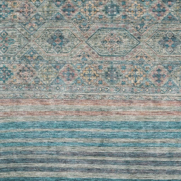 HomeRoots 10' X 14' Vibrant Teal Peach Gray Striped Washable Area Rug - UV Protected for Kids & Pets! 695756