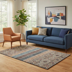 HomeRoots 5' X 8' Taupe Brown & Blue Striped Area Rug - Durable, Stain-Resistant, UV Protected for Homes 695758