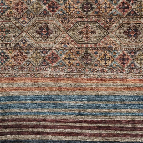 HomeRoots 5' X 8' Taupe Brown & Blue Striped Area Rug - Durable, Stain-Resistant, UV Protected for Homes 695758