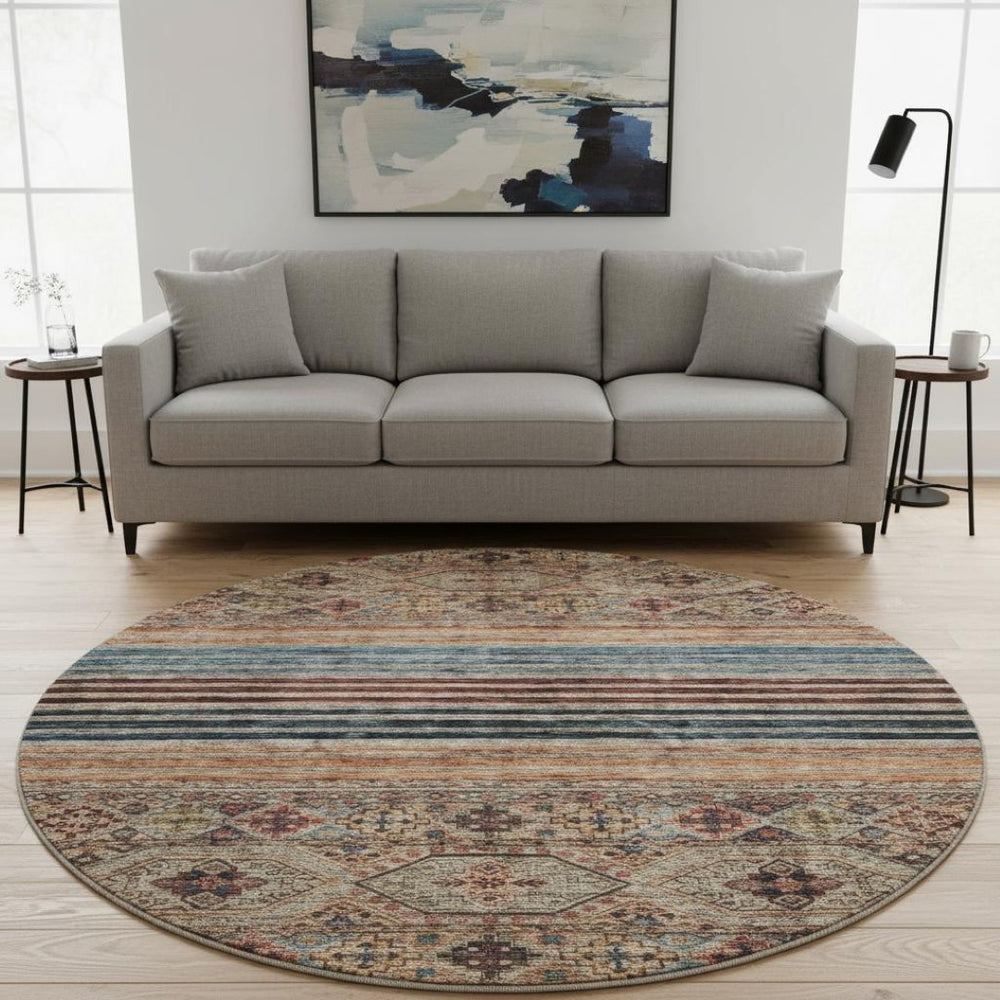 HomeRoots 8' Stylish Taupe Brown & Blue Striped Washable Round Rug - Durable, UV-Protected & Easy Care! 695759