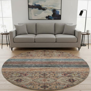 HomeRoots 8' Stylish Taupe Brown & Blue Striped Washable Round Rug - Durable, UV-Protected & Easy Care! 695759