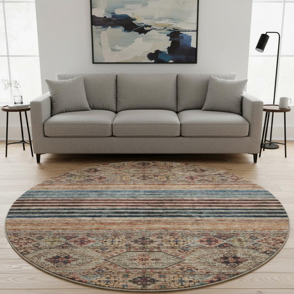 HomeRoots 8' Stylish Taupe Brown & Blue Striped Washable Round Rug - Durable, UV-Protected & Easy Care! 695759