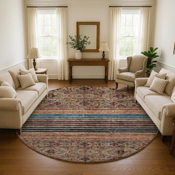 HomeRoots 8' Stylish Taupe Brown & Blue Striped Washable Round Rug - Durable, UV-Protected & Easy Care! 695759
