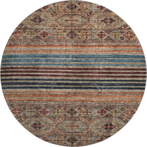 HomeRoots 8' Stylish Taupe Brown & Blue Striped Washable Round Rug - Durable, UV-Protected & Easy Care! 695759