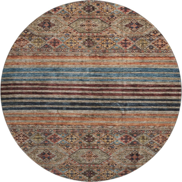 HomeRoots 8' Stylish Taupe Brown & Blue Striped Washable Round Rug - Durable, UV-Protected & Easy Care! 695759