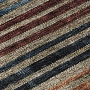 HomeRoots 8' Stylish Taupe Brown & Blue Striped Washable Round Rug - Durable, UV-Protected & Easy Care! 695759
