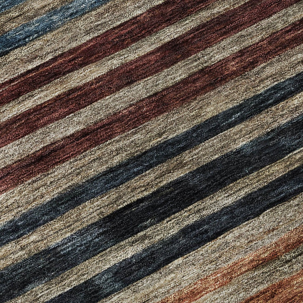 HomeRoots 8' Stylish Taupe Brown & Blue Striped Washable Round Rug - Durable, UV-Protected & Easy Care! 695759
