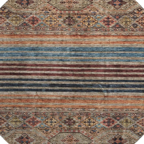HomeRoots 8' Stylish Taupe Brown & Blue Striped Washable Round Rug - Durable, UV-Protected & Easy Care! 695759