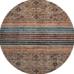 HomeRoots 8' Stylish Taupe Brown & Blue Striped Washable Round Rug - Durable, UV-Protected & Easy Care! 695759