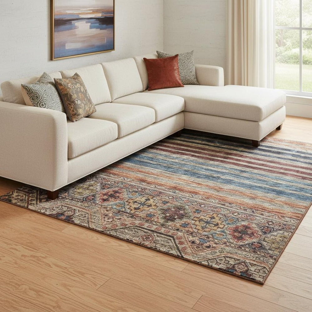 HomeRoots 8' X 10' Washable Area Rug with Taupe Brown & Blue Stripes - Durable, UV-Protected, Pet-Friendly Design 695760