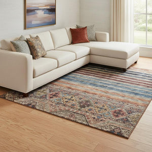 HomeRoots 8' X 10' Washable Area Rug with Taupe Brown & Blue Stripes - Durable, UV-Protected, Pet-Friendly Design 695760