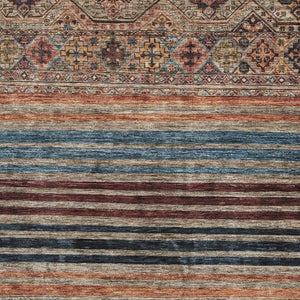 HomeRoots 8' X 10' Washable Area Rug with Taupe Brown & Blue Stripes - Durable, UV-Protected, Pet-Friendly Design 695760